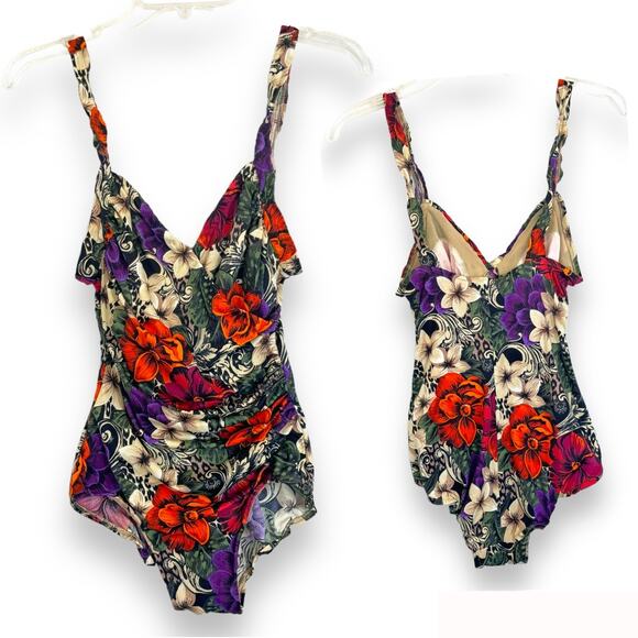 Vintage One Piece Tropical Floral Swimsuit 8 Surplice Pinup Beach Babe Resort - Picture 15 of 16